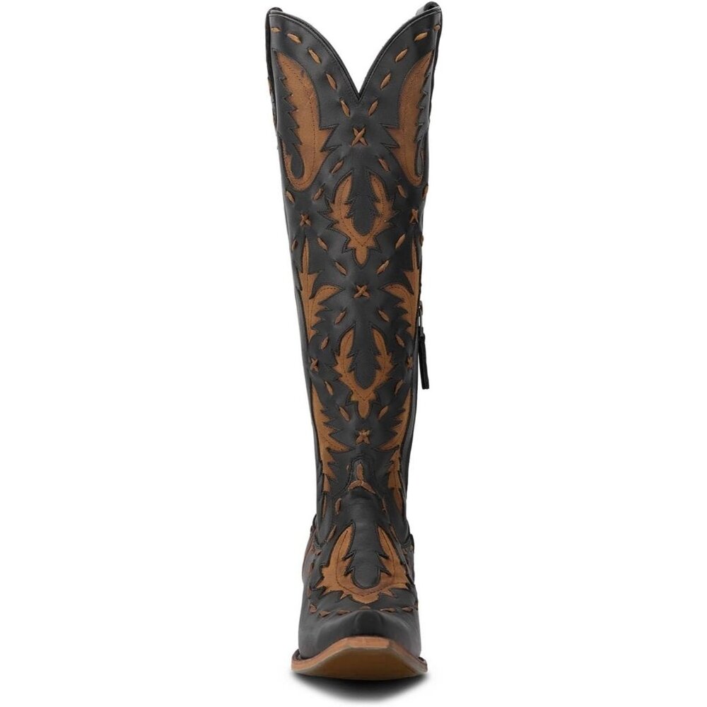 Women's Black Pointed Toe Zipper Cowgirl Boots Lace up Chunky Heel Western Boots - Picture 6 of 7